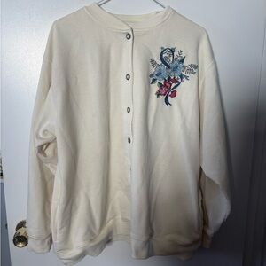 Alfred Dunner Embroidered Grandmacore 1X Cozy Cream Knit Button-Down Sweater